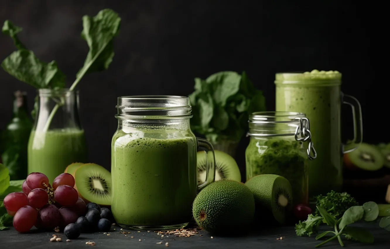 Photo wallpaper kiwi, juice, grapes, Bank, dishes, fruit, digital art, smoothies