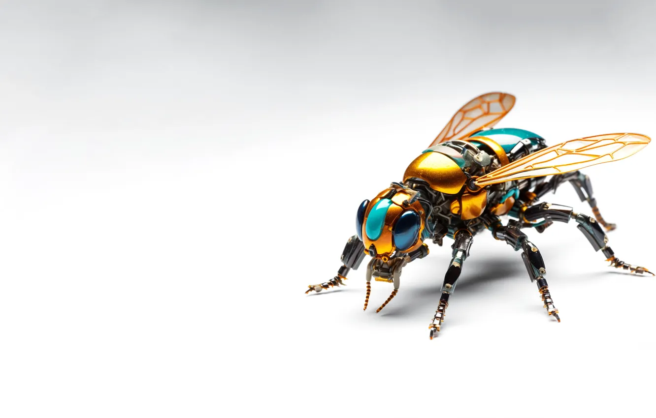 Photo wallpaper fly, robot, technology, white background, insect, AI art, micro robot, a robotic insect
