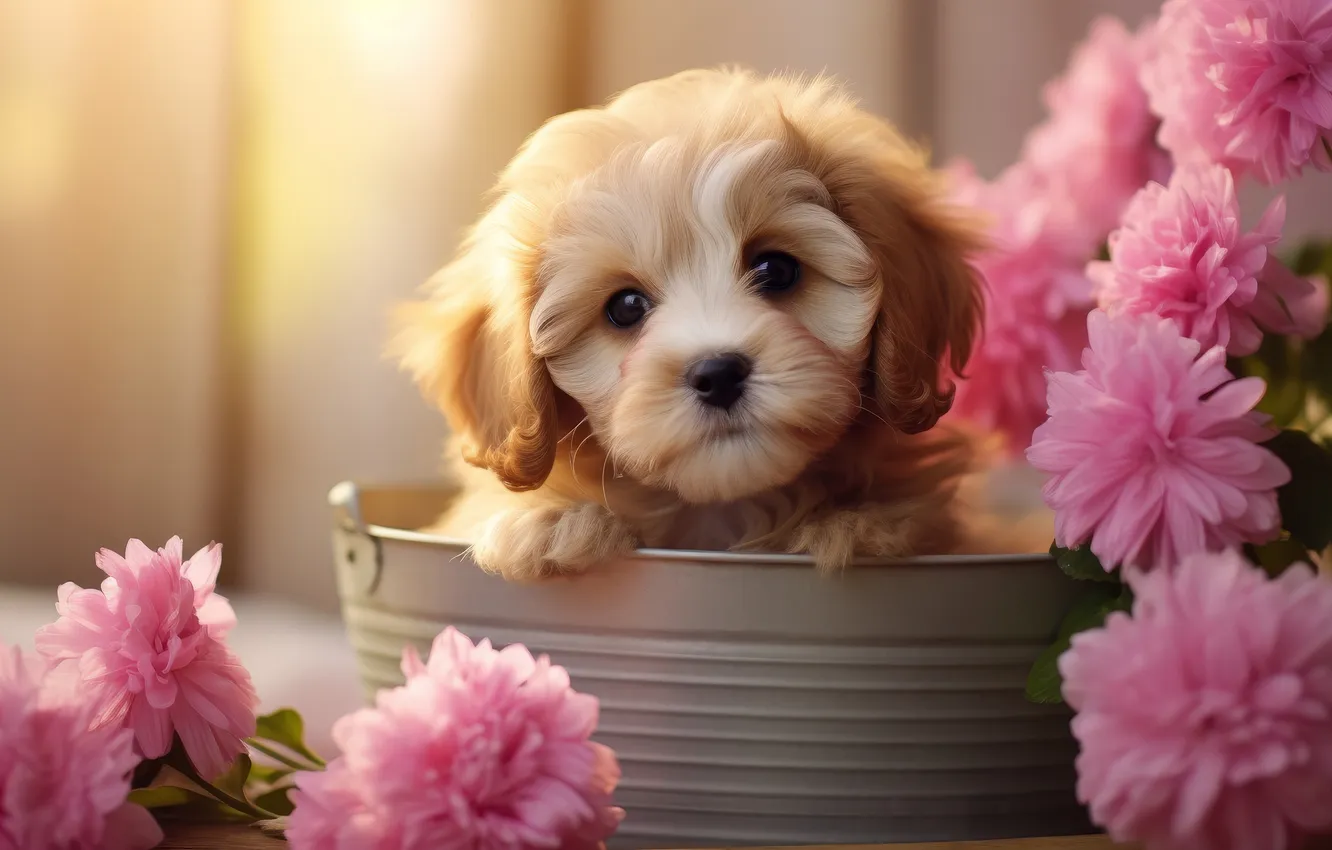 Photo wallpaper look, light, flowers, dog, bouquet, bucket, puppy, red
