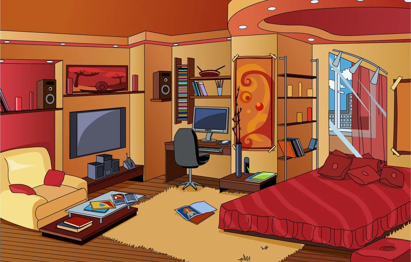 Photo wallpaper design, room, bed, interior, picture, chair, pillow, window