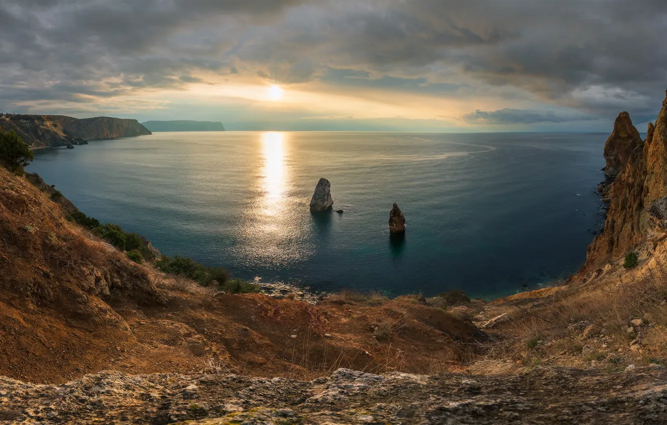 Photo wallpaper sea, sunset, rocks, coast, Russia, Crimea, The black sea, Sevastopol