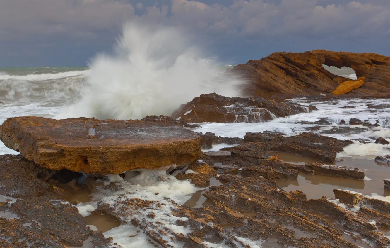 Photo wallpaper sea, the sky, clouds, squirt, storm, stones, rocks