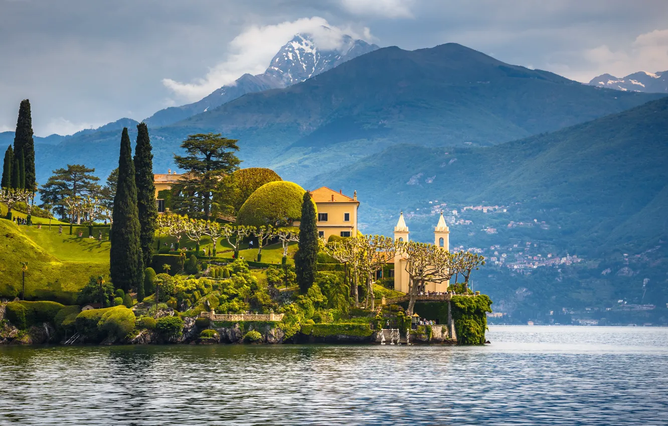 Photo wallpaper trees, lake, home, Italy, Como