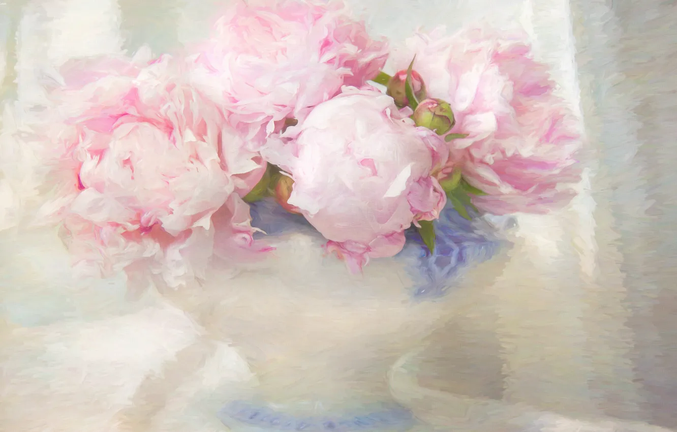 Photo wallpaper treatment, bouquet, vase, strokes, peonies