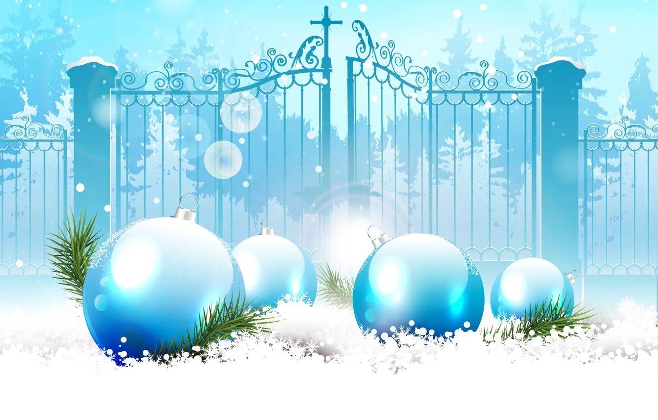 Photo wallpaper snow, snowflakes, holiday, balls, new year, twigs of spruce