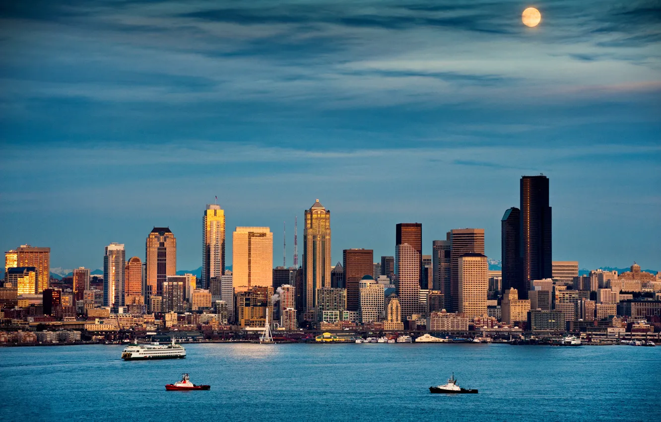 Photo wallpaper city, moonrise, skyline, Washington, moonlight, cityscape, Seattle, Puget Sound