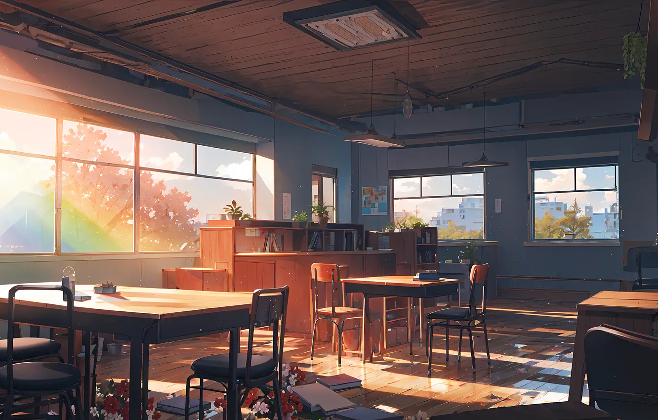 Photo wallpaper light, trees, figure, anime, window, school, desks