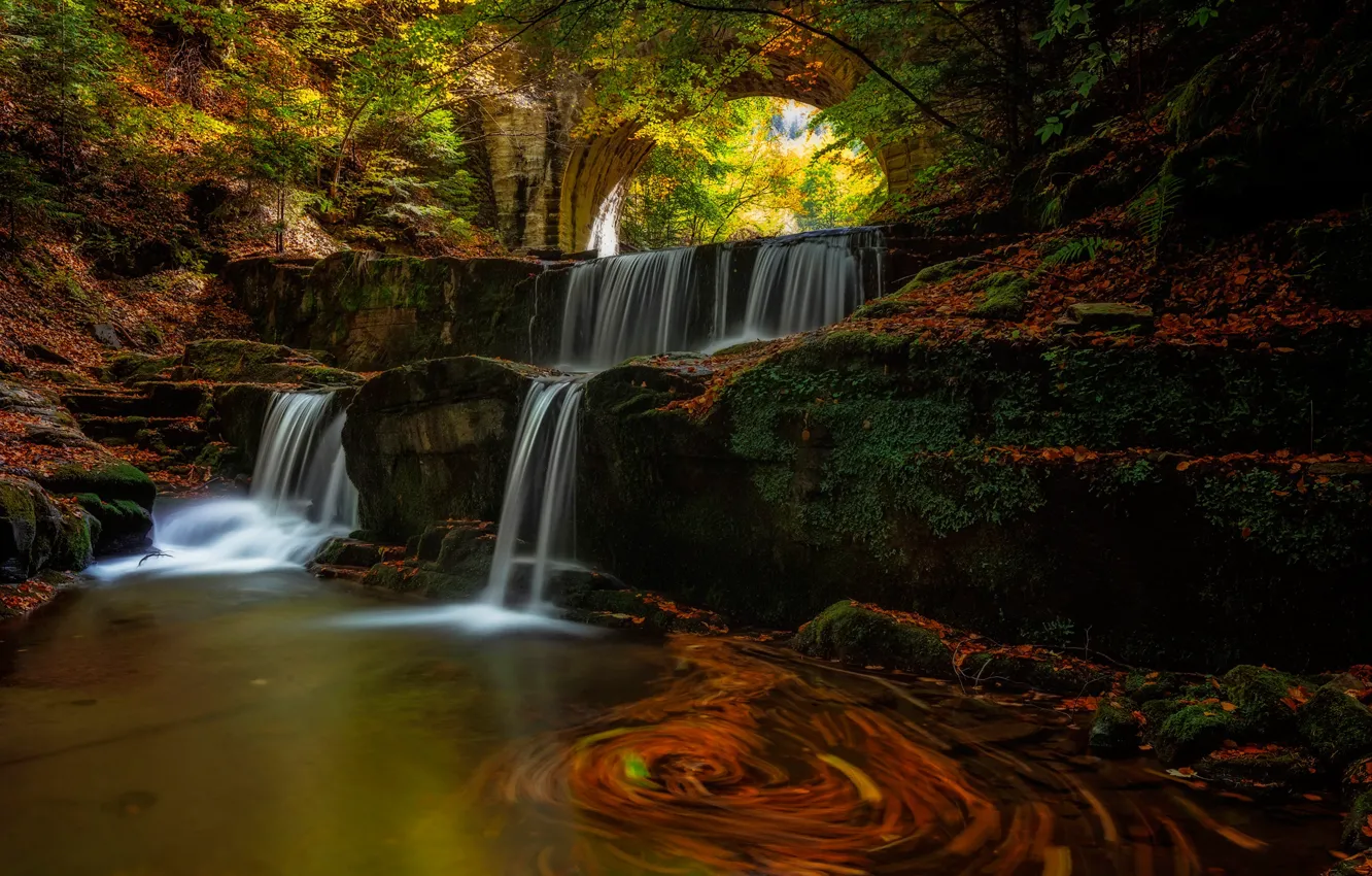 Photo wallpaper autumn, bridge, river, waterfall, cascade, Bulgaria, Bulgaria, Citovsky Waterfall