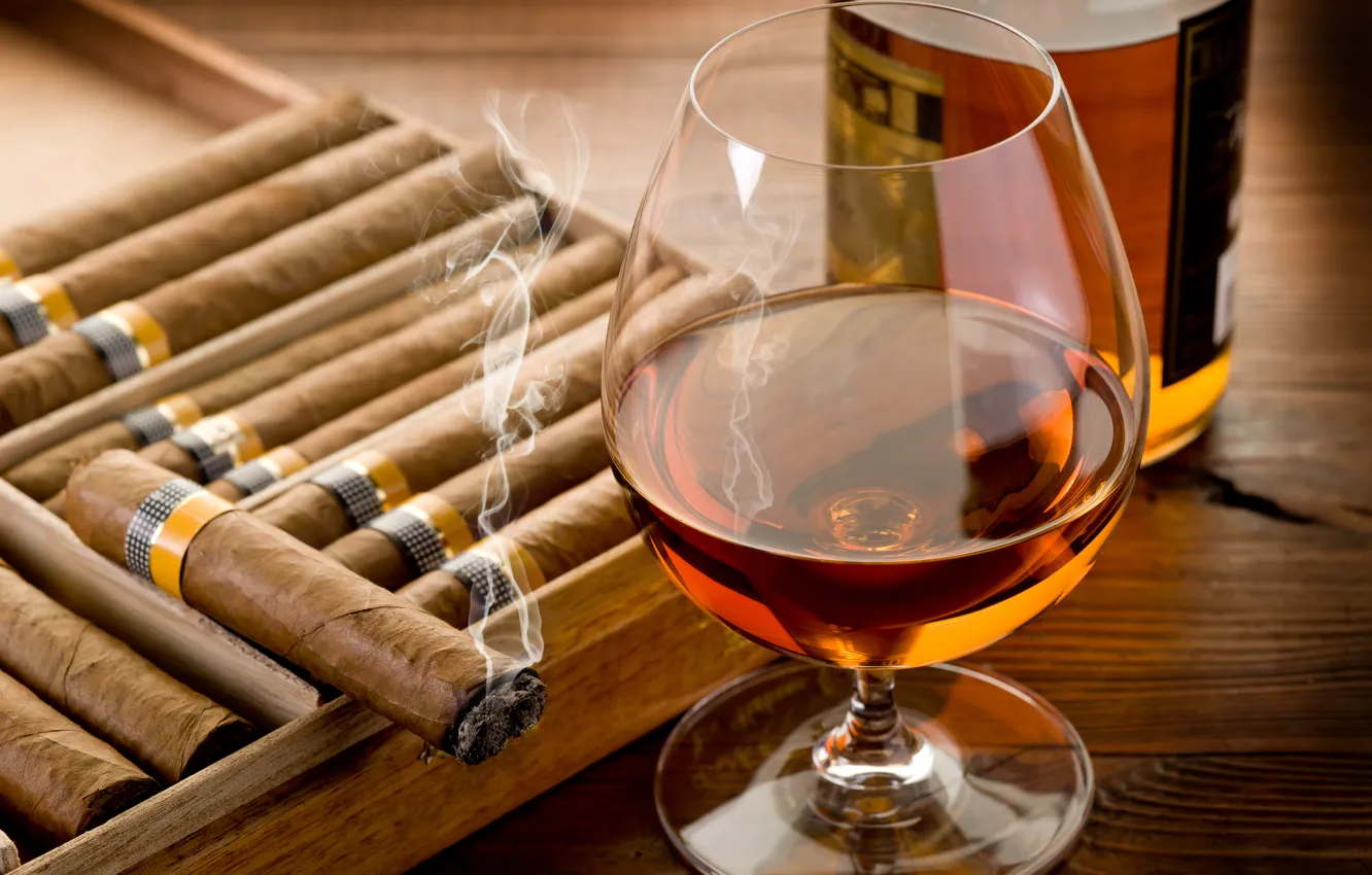 Photo wallpaper table, glass, bottle, cigar, cognac, smoke