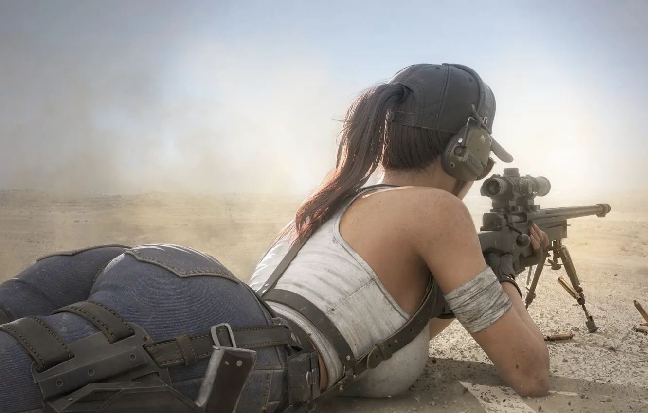 Photo wallpaper Tomb Raider, gun, pistol, ass, desert, ponytail, women, jeans