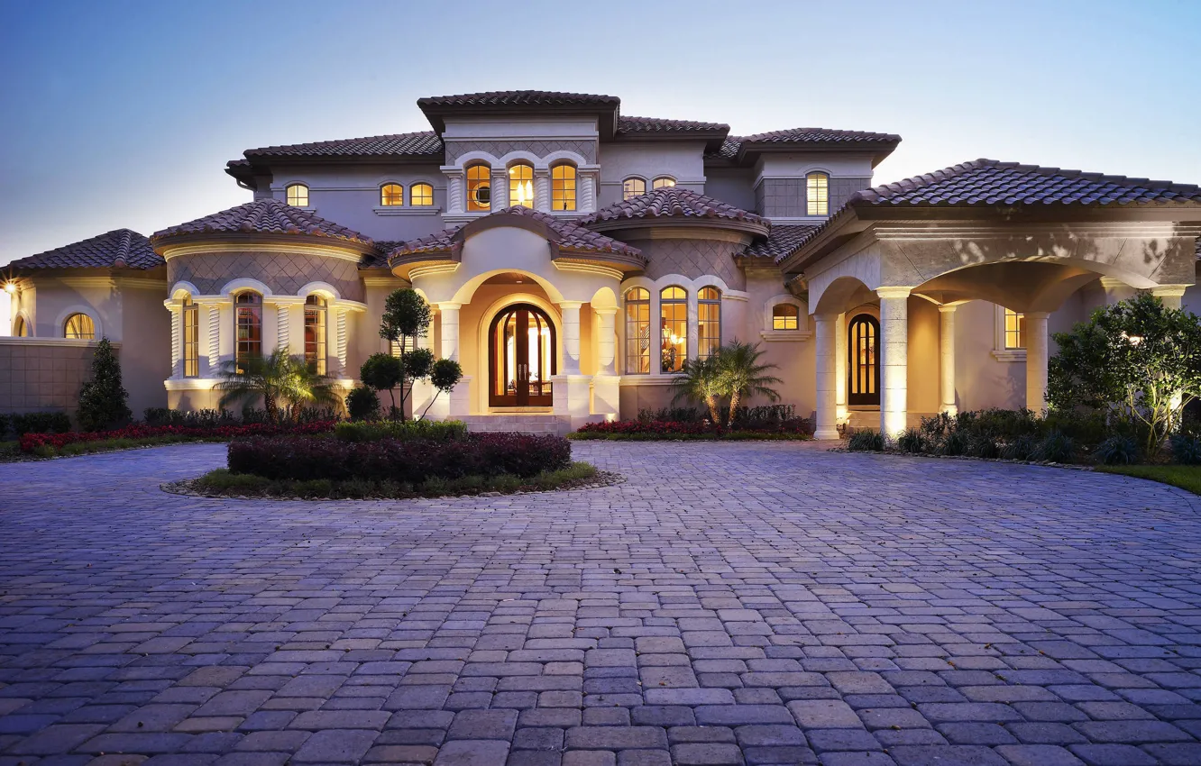 Photo wallpaper design, style, palm trees, Villa, the evening, lighting, architecture, flowerbed