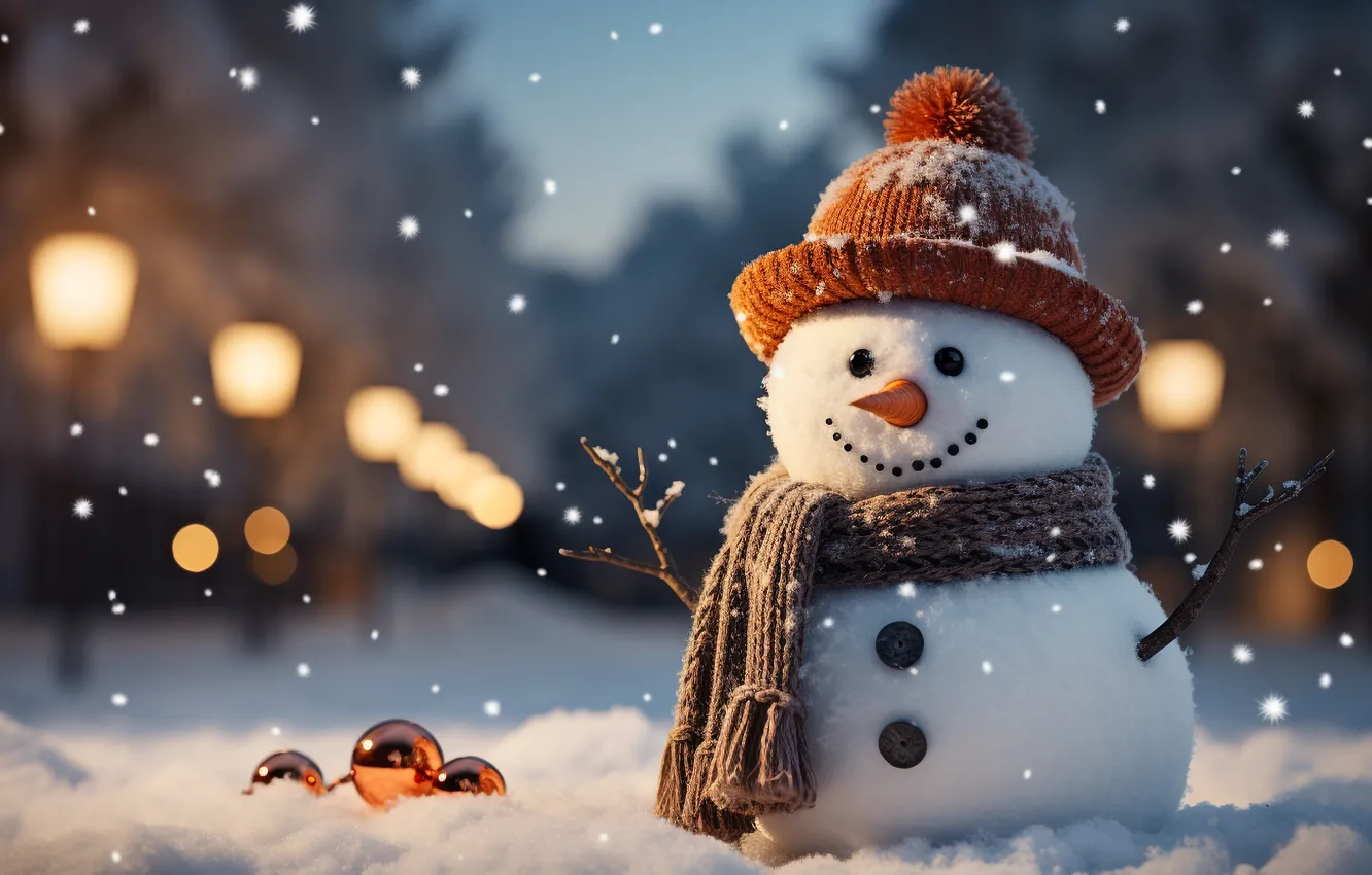 Photo wallpaper winter, snow, new year, Christmas, snowman, Christmas, night, winter