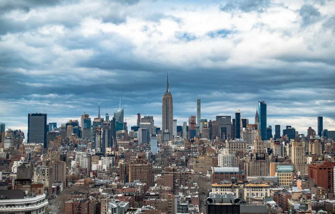 Photo wallpaper city, USA, tower, skyline, sky, Manhattan, NYC, clouds