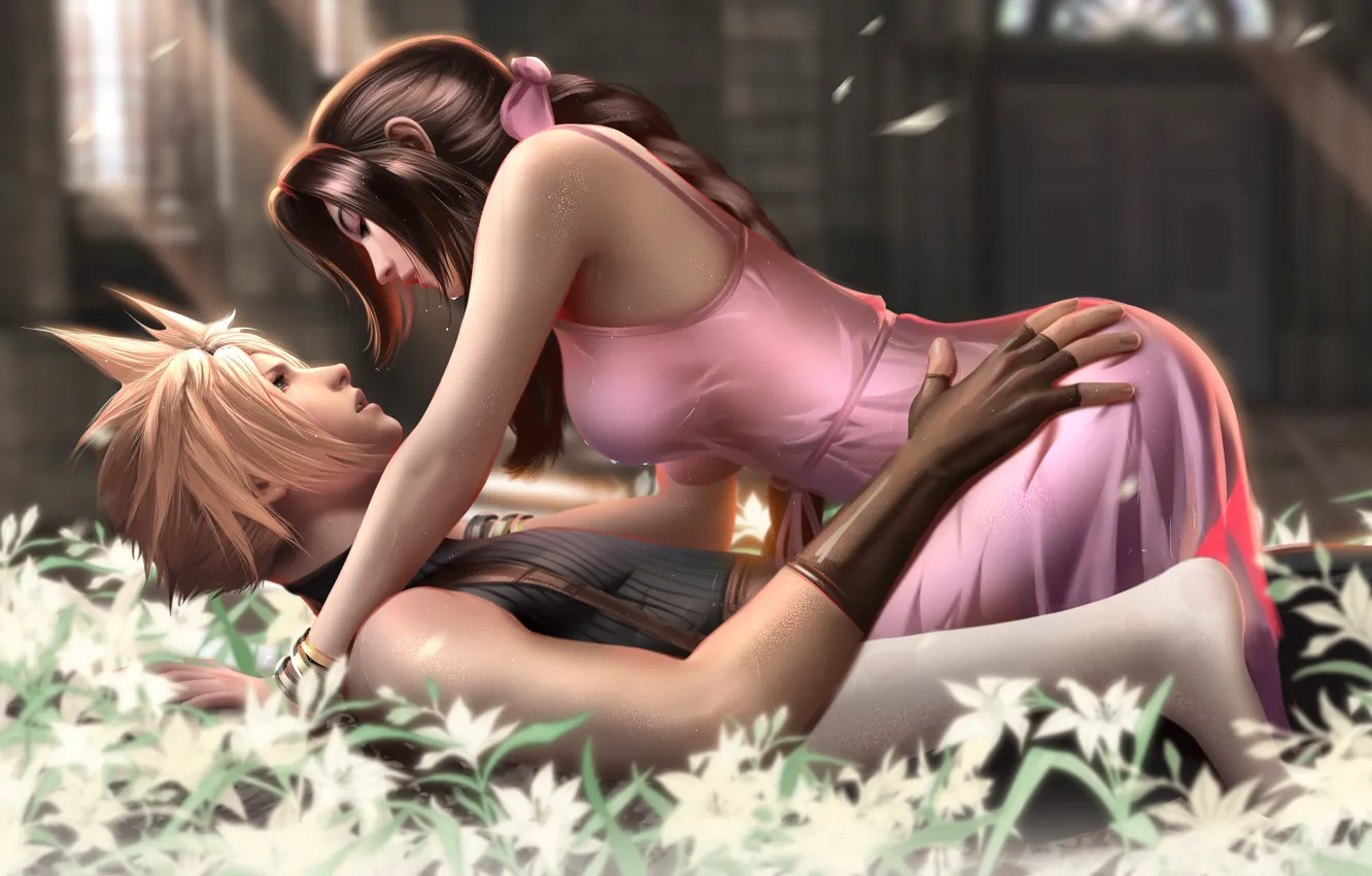 Photo wallpaper girl, love, flowers, guy, cloud strife, Final Fantasy VII, Aerith Gainsborough