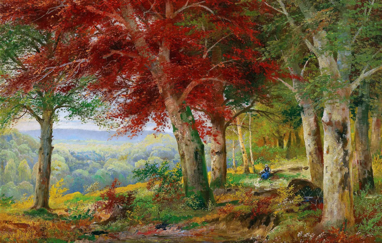 Photo wallpaper Trees, Stream, Picture, Alois Arnegger, Autumn forest, Alois Arnegger, Austrian painter