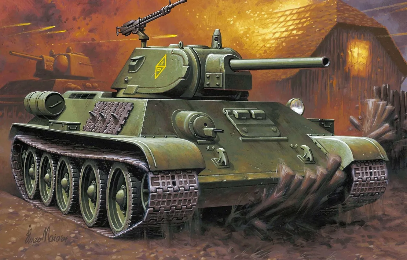 Photo wallpaper figure, art, tank, the battle, Soviet, average, T-34-76, WW2.