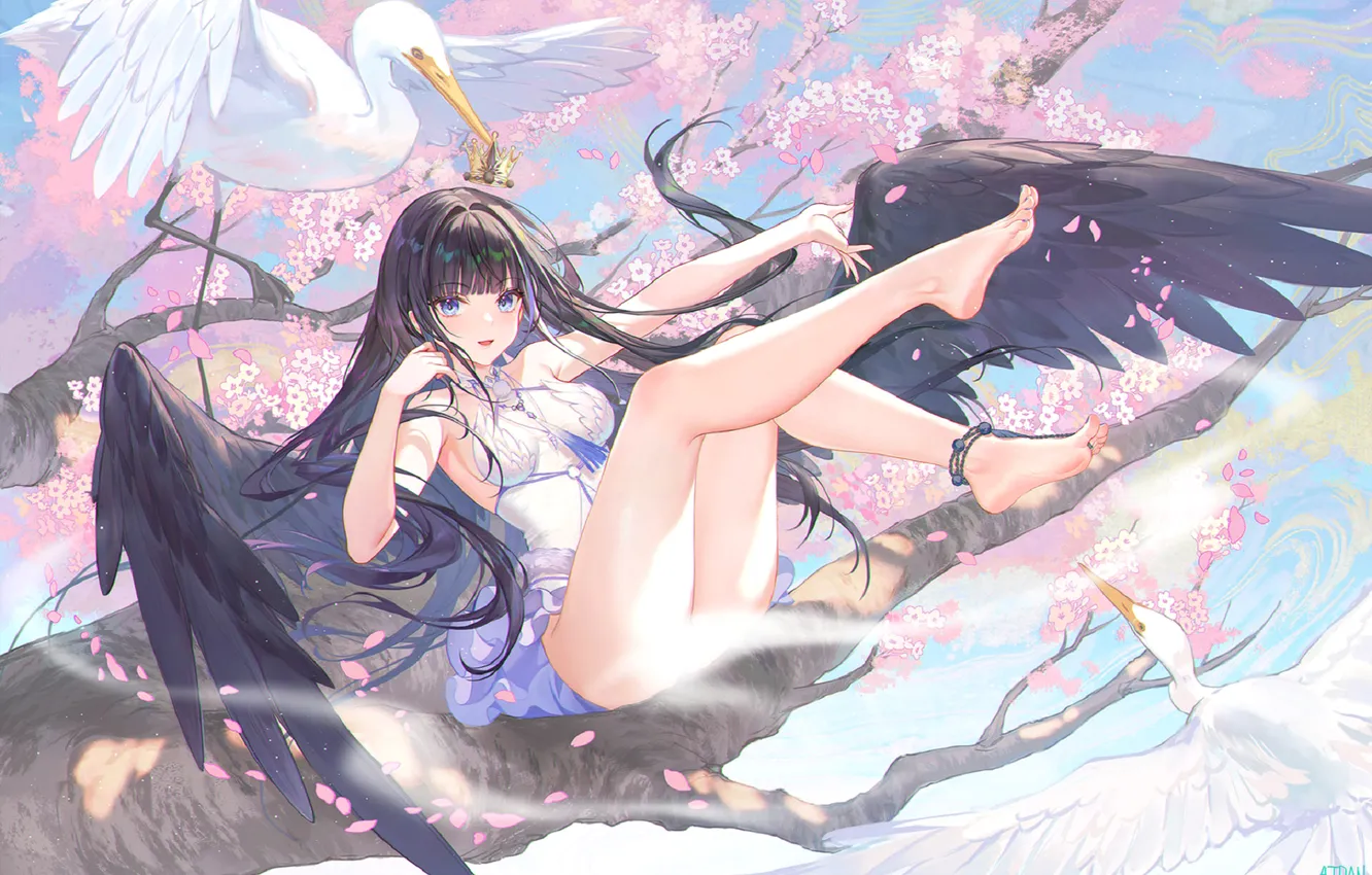 Photo wallpaper girl, wings, angel, spring, Sakura, art, stork, dismounted,