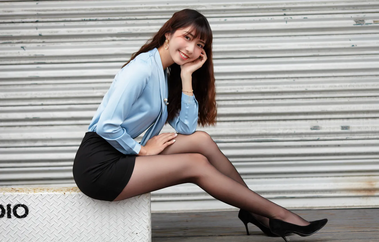 Photo wallpaper smile, skirt, blouse, tights, legs, Asian