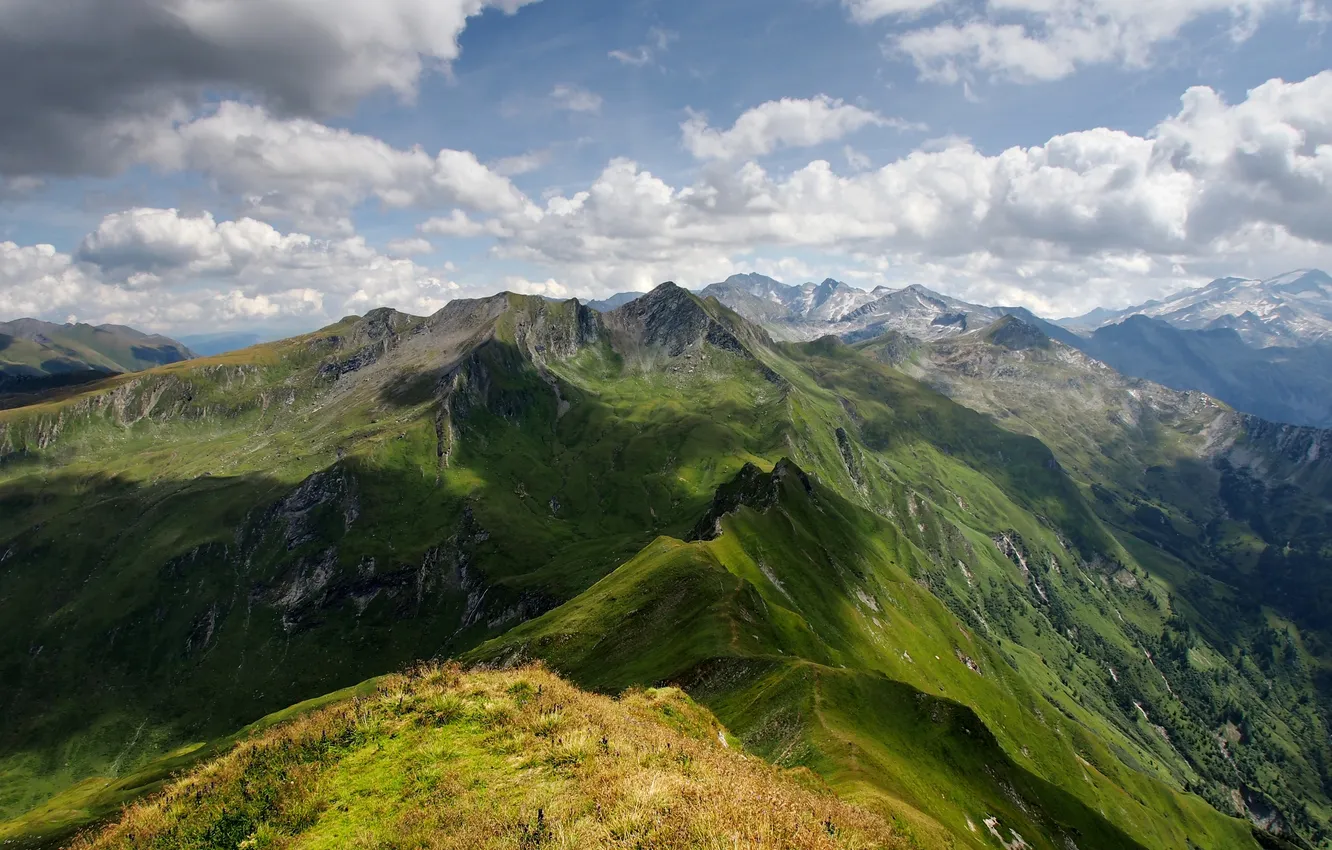 Photo wallpaper greens, clouds, mountains, shadows, Austria, Alps