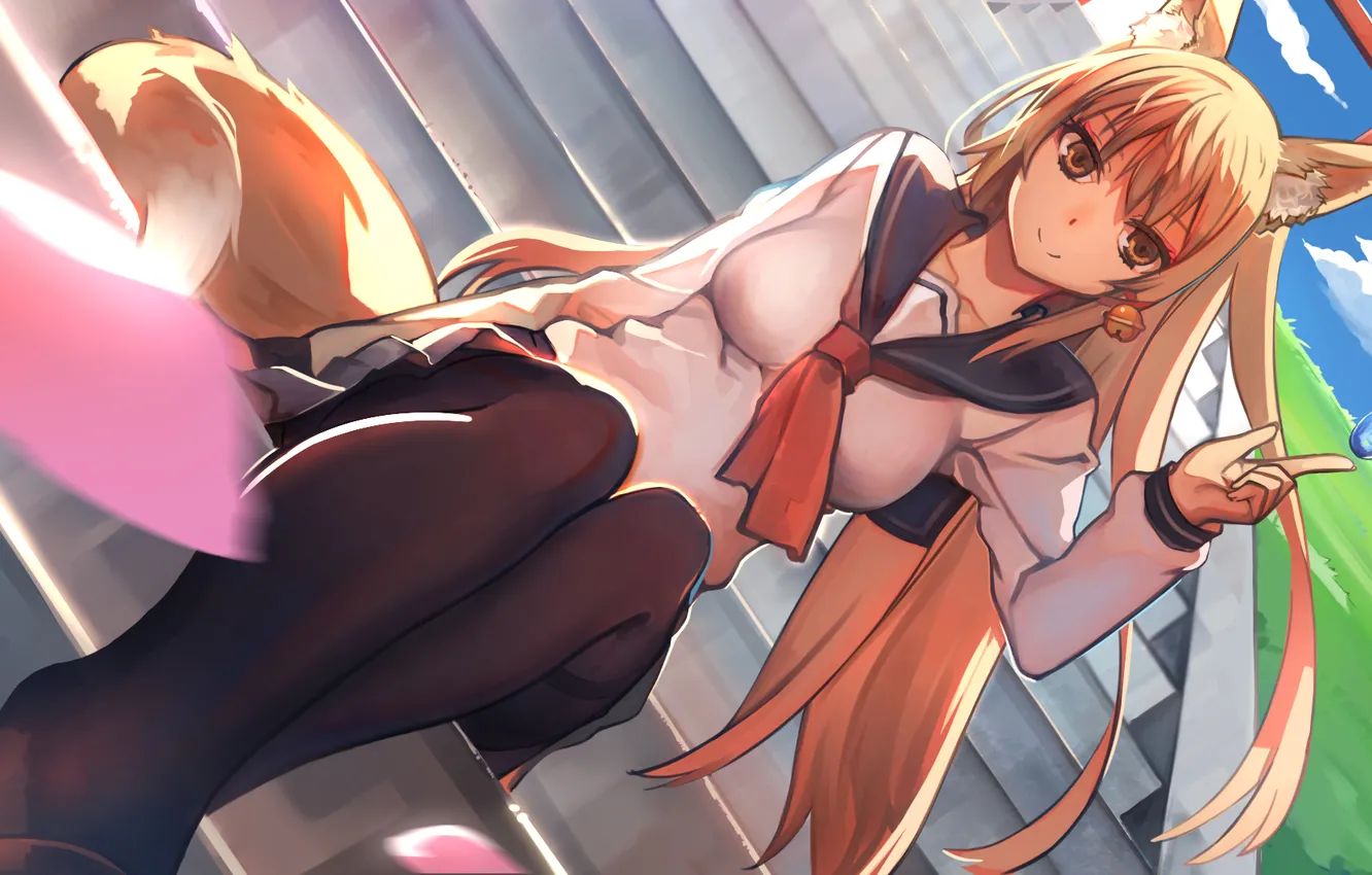 Photo wallpaper girl, anime, petals, art, tail, form, schoolgirl, ears