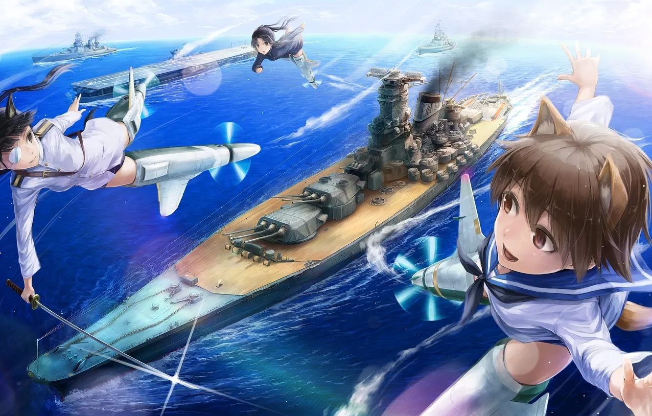 Photo wallpaper the sky, girl, clouds, flight, weapons, smoke, ship, katana