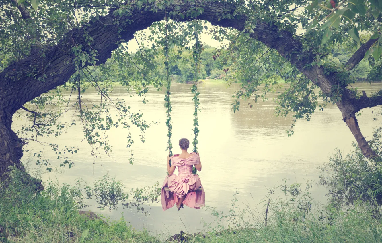Photo wallpaper girl, dress, swing