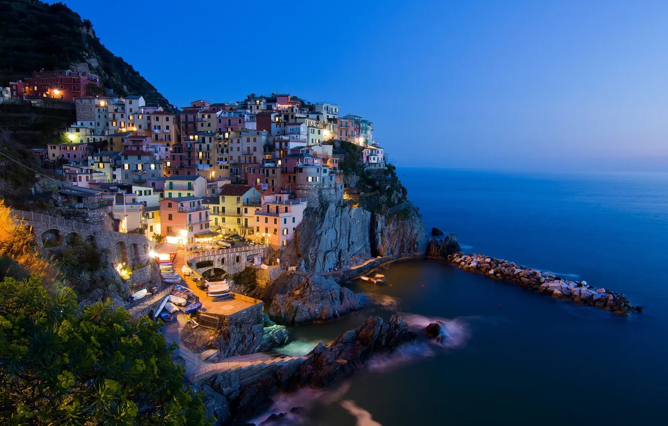 Photo wallpaper night, the city, photo, lights, Italy, Riomaggiore, Liguria