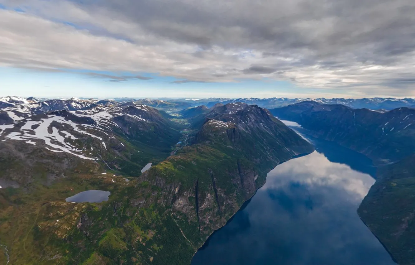 Photo wallpaper clouds, snow, mountains, Norway, the fjord, Hellesylt