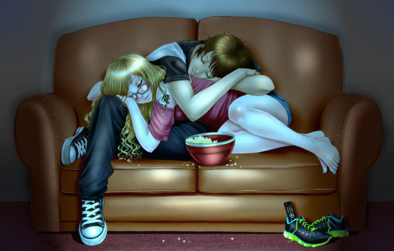 Photo wallpaper girl, sofa, guy, sleep