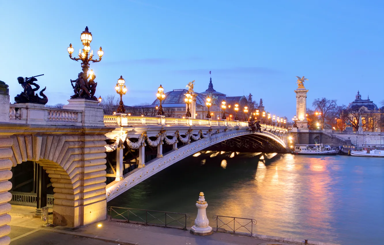 Photo wallpaper bridge, river, France, Paris, morning, lights, boats, Palace