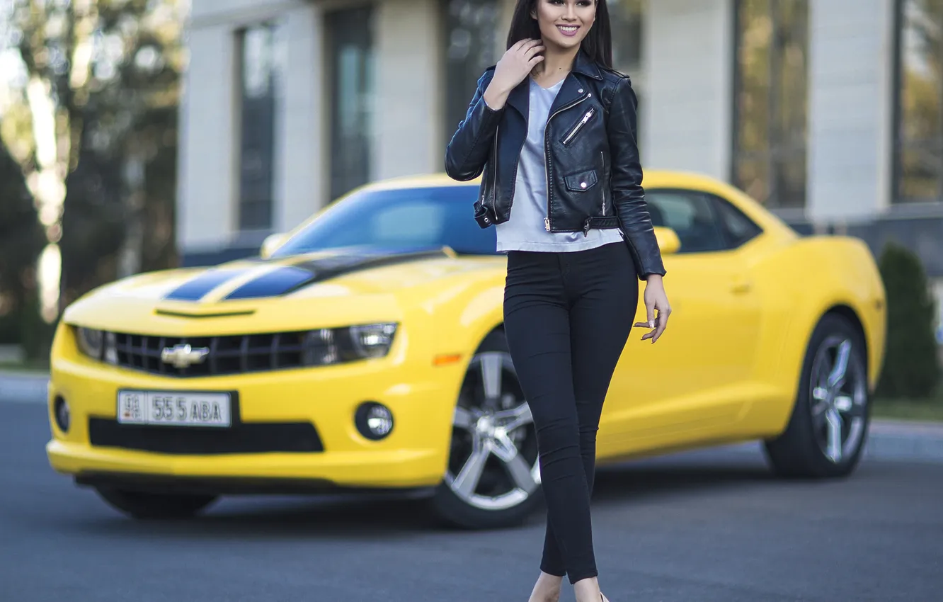 Photo wallpaper car, girl, young, brunette, cute, slim
