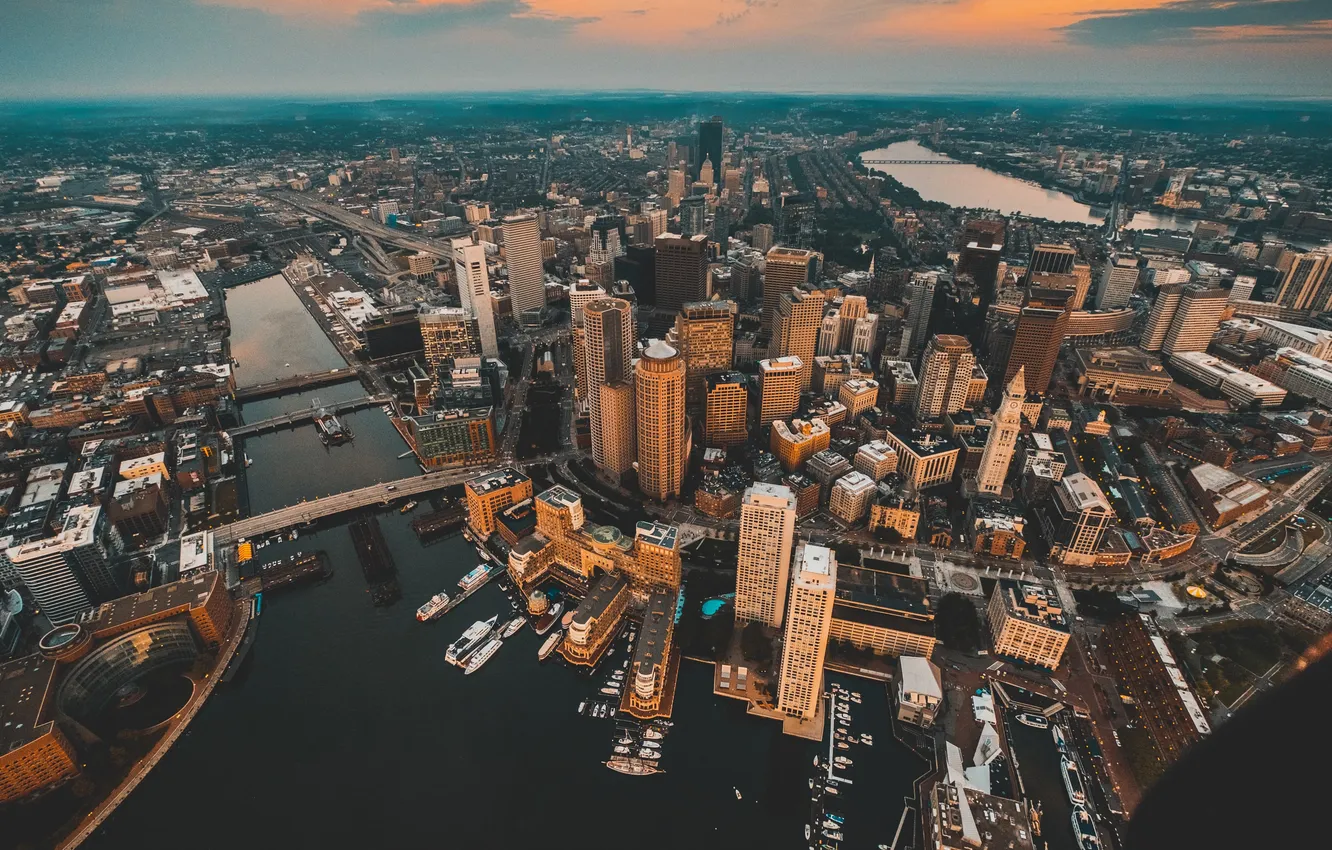 Photo wallpaper the sky, clouds, sunset, city, the city, river, building, the evening