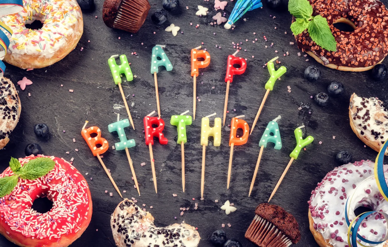 Photo wallpaper candles, colorful, Happy Birthday, colours, cupcake, celebration, cupcakes, decoration