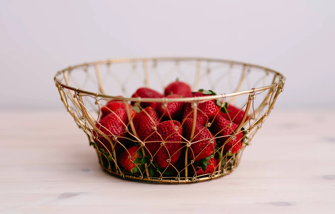 Photo wallpaper metal, berries, table, strawberry, light background, netting, composition, vase