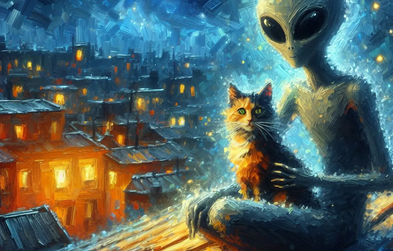 Photo wallpaper roof, cat, the sky, eyes, cat, look, light, night