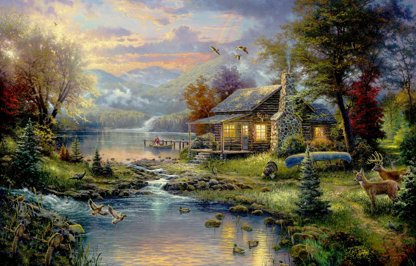 Photo wallpaper forest, trees, mountains, birds, house, river, boat, Picture