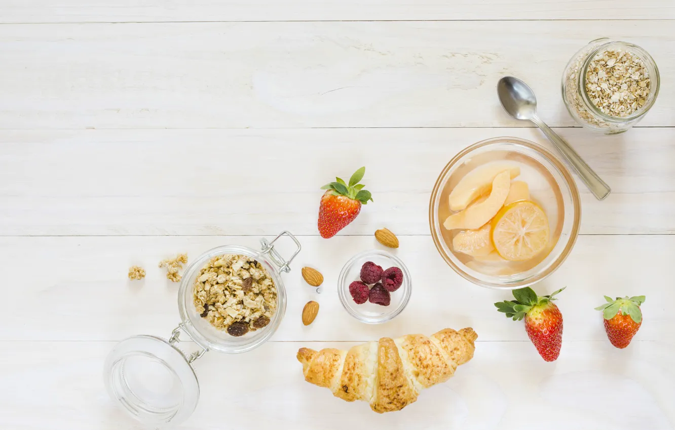 Photo wallpaper berries, Breakfast, cereal, croissant