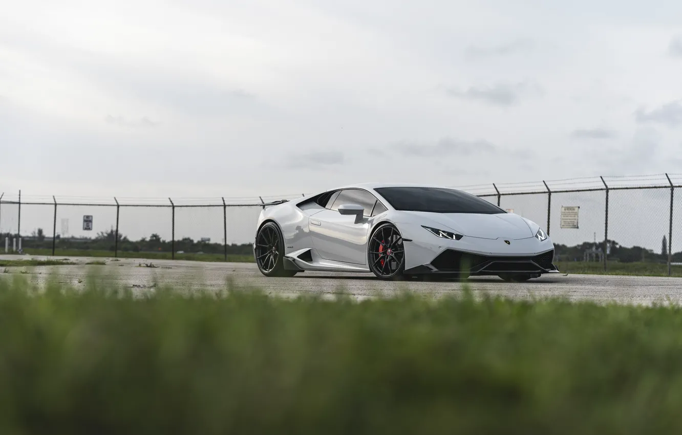 Photo wallpaper Lamborghini, Clouds, Grass, White, VAG, Huracan