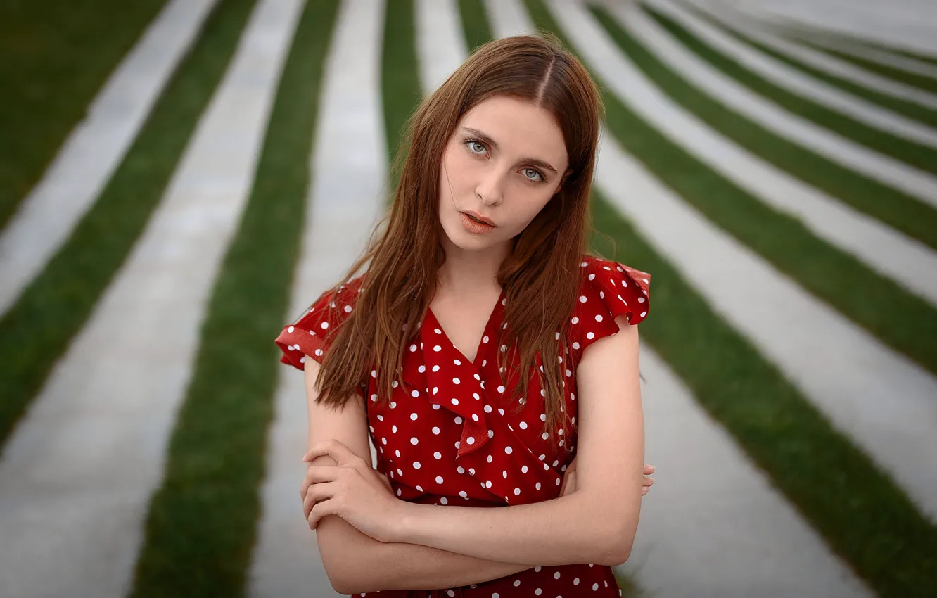 Photo wallpaper girl, dress, brown hair, photo, blue eyes, model, bokeh, lips
