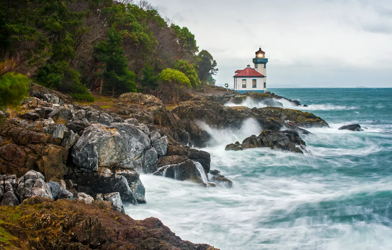 Photo wallpaper sea, wave, rocks, shore, lighthouse