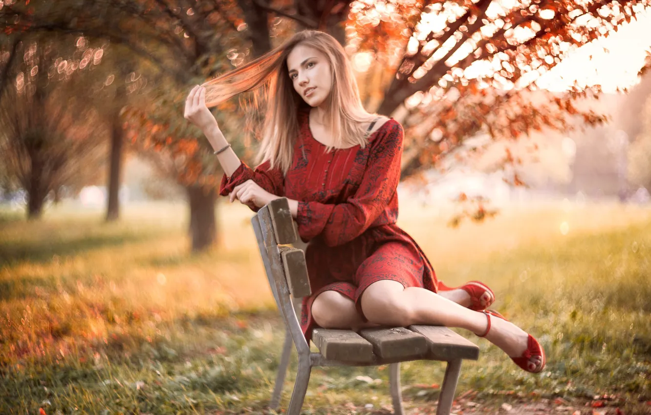 Photo wallpaper girl, bench, Natalia