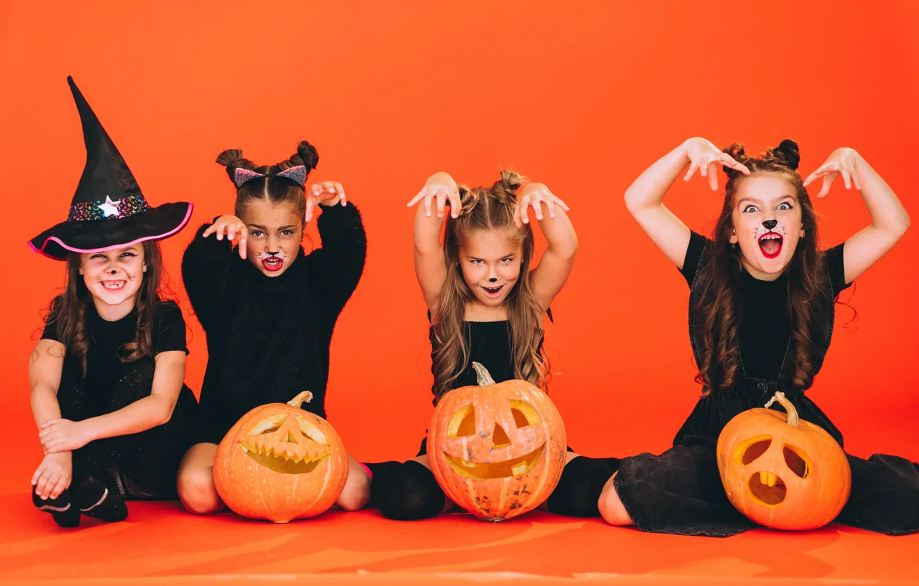 Photo wallpaper autumn, children, pose, holiday, the game, hands, makeup, pussy