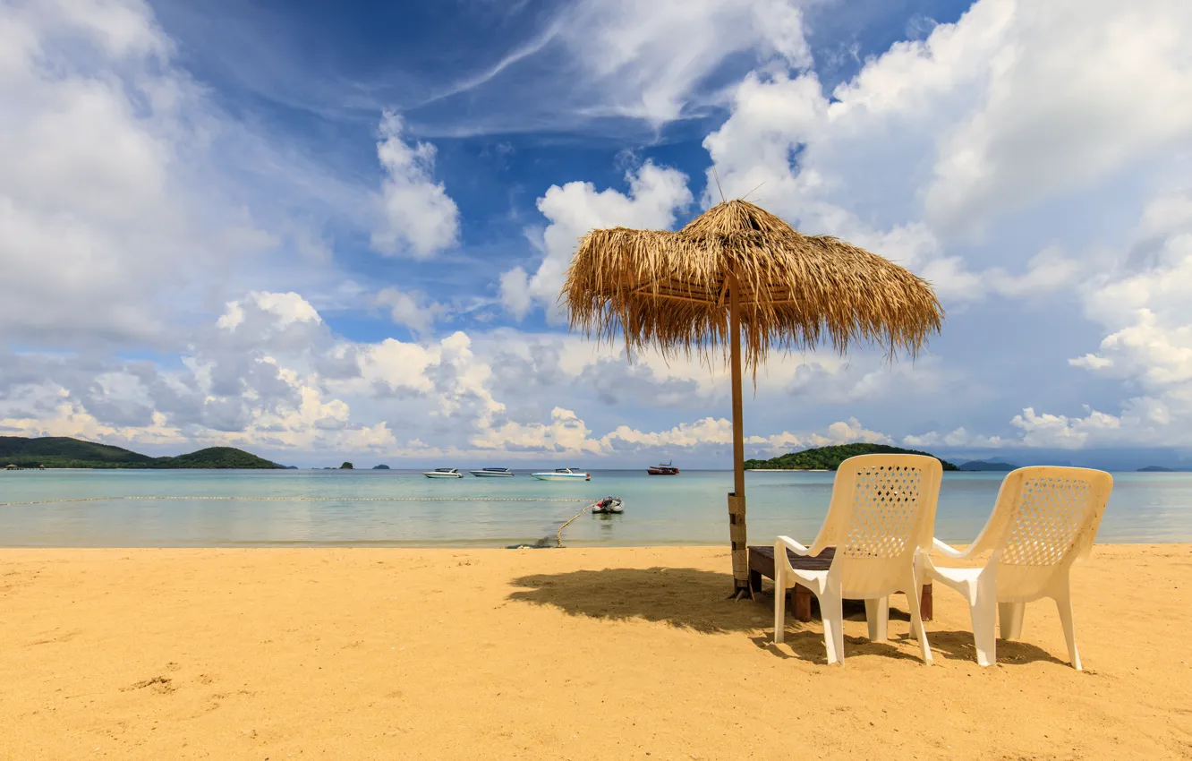 Photo wallpaper sand, sea, beach, summer, the sky, the sun, palm trees, shore