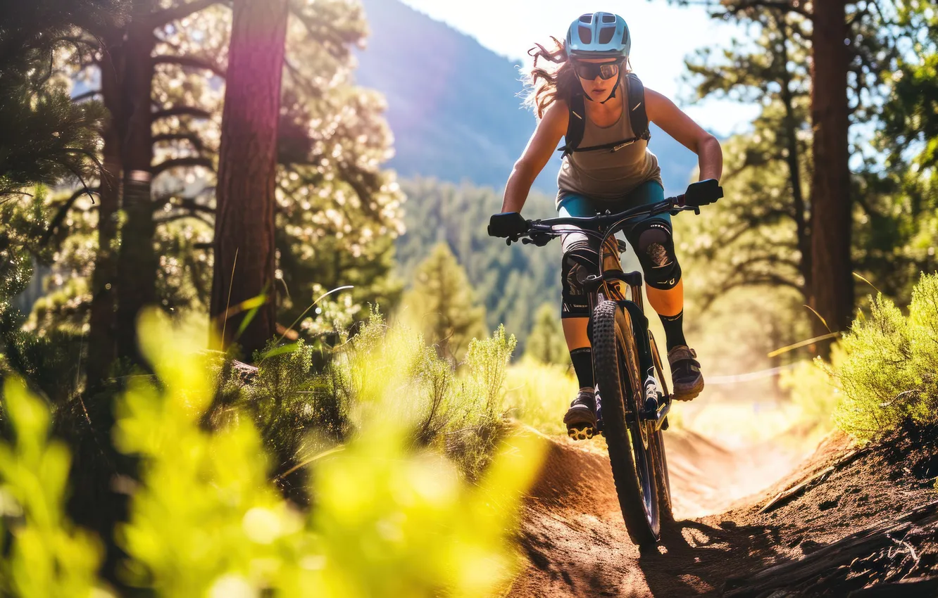 Photo wallpaper forest, girl, mountains, nature, bike, sport, glasses, helmet