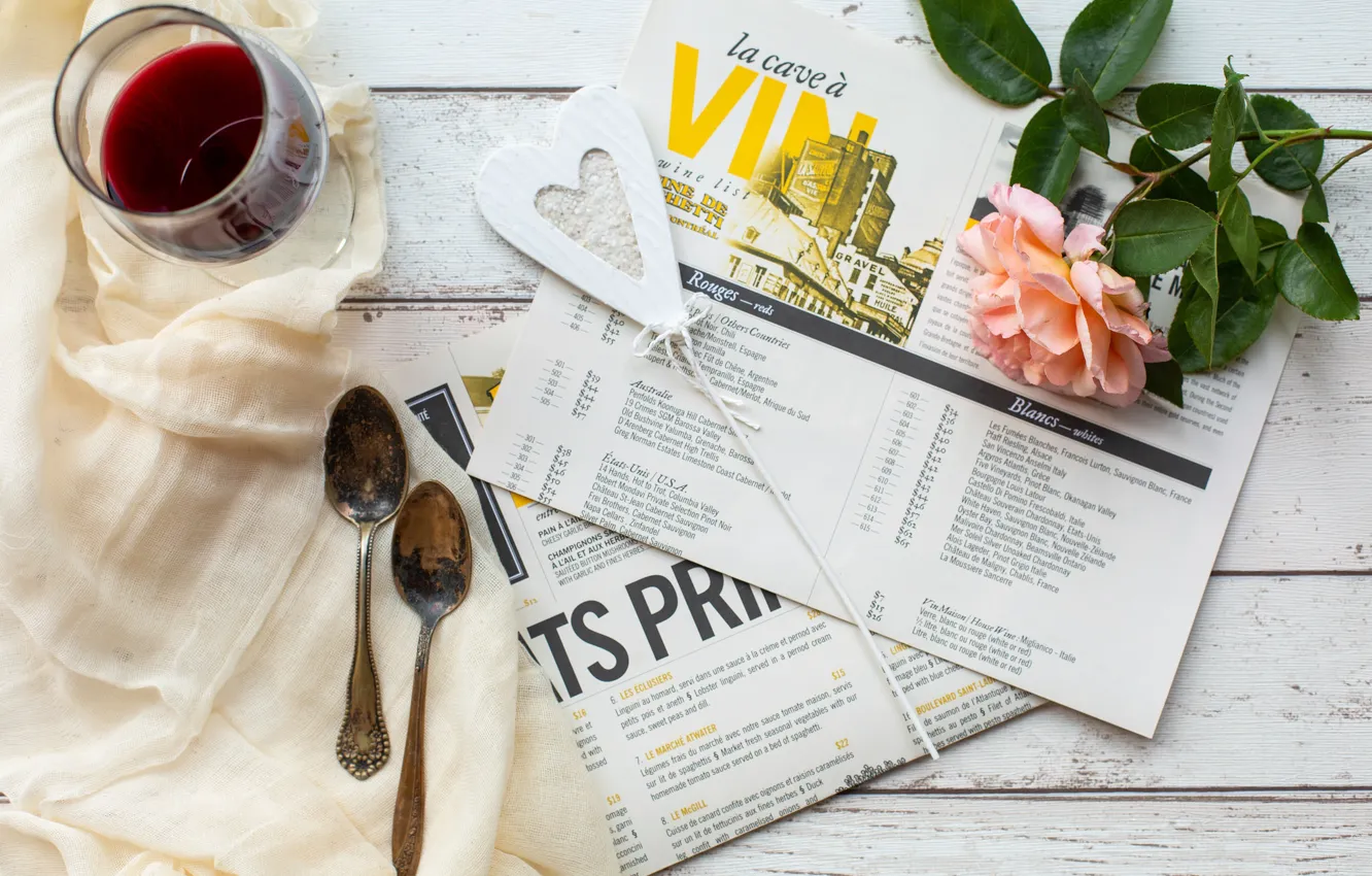 Photo wallpaper holiday, wine, glass, roses, hearts, Valentine's day