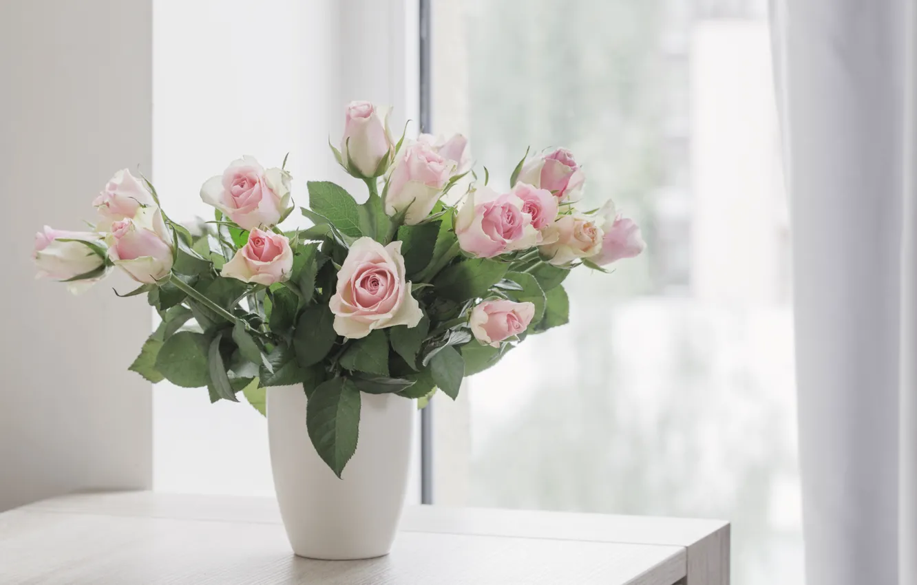 Photo wallpaper table, roses, bouquet, window, gentle, Maya Kruchenkova