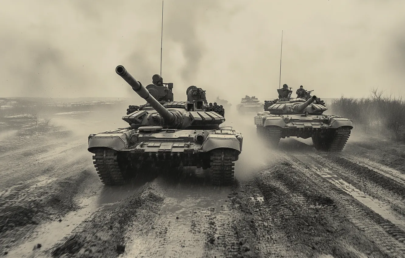 Photo wallpaper retro, smoke, tank, black and white, front, digital art, AI art, The Art of Artificial …