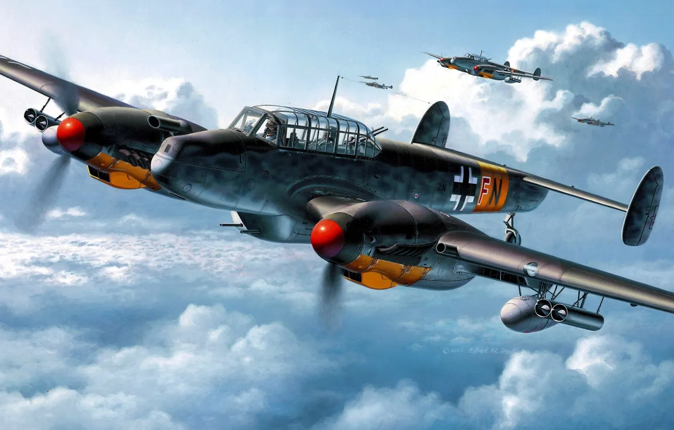 Photo wallpaper the sky, fighters, aircraft, Messerschmitt, Bf.110, Wargaming.net, heavy, World of Warplanes