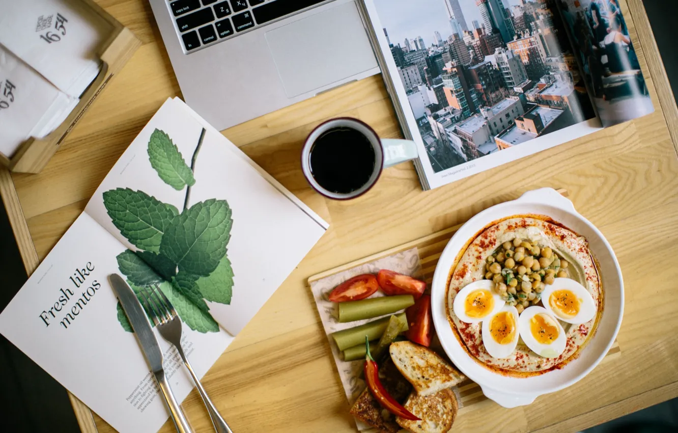 Photo wallpaper coffee, eggs, Breakfast, book, laptop, salad