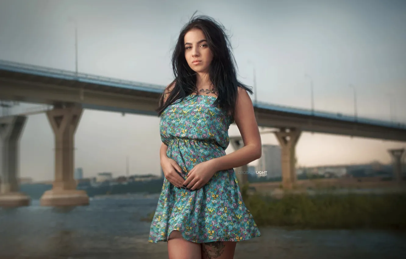 Photo wallpaper girl, bridge, dress, brunette, tattoo, Angelina, Alexander Drobkov-Light